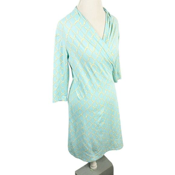 J. McLaughlin Blue Gold Scroll Print Catalina Cloth Wrap Panama Dress Size S - Picture 6 of 10
